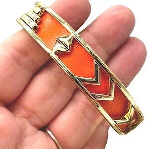 House of Harlow 1960 Bangle Bracelet 14K Gold Plated Aztec w Orange Leather